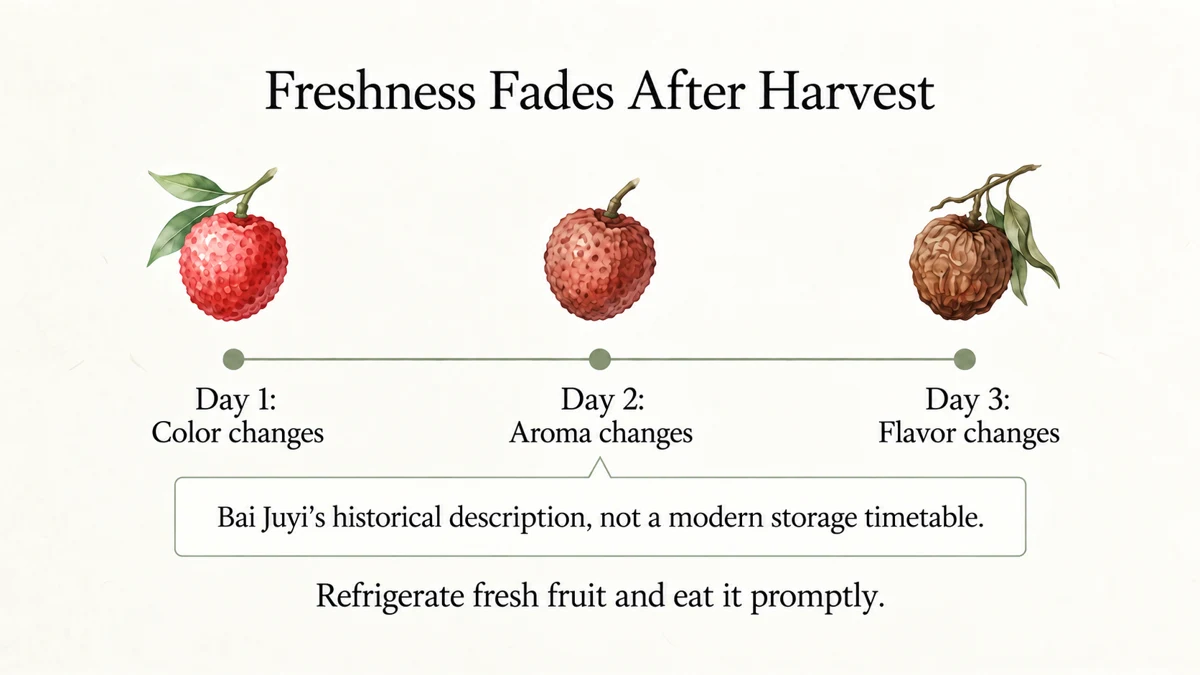 Bai Juyi described rapid changes in color, aroma and flavor. Eat fresh fruit promptly rather than using his account as a fixed storage schedule.