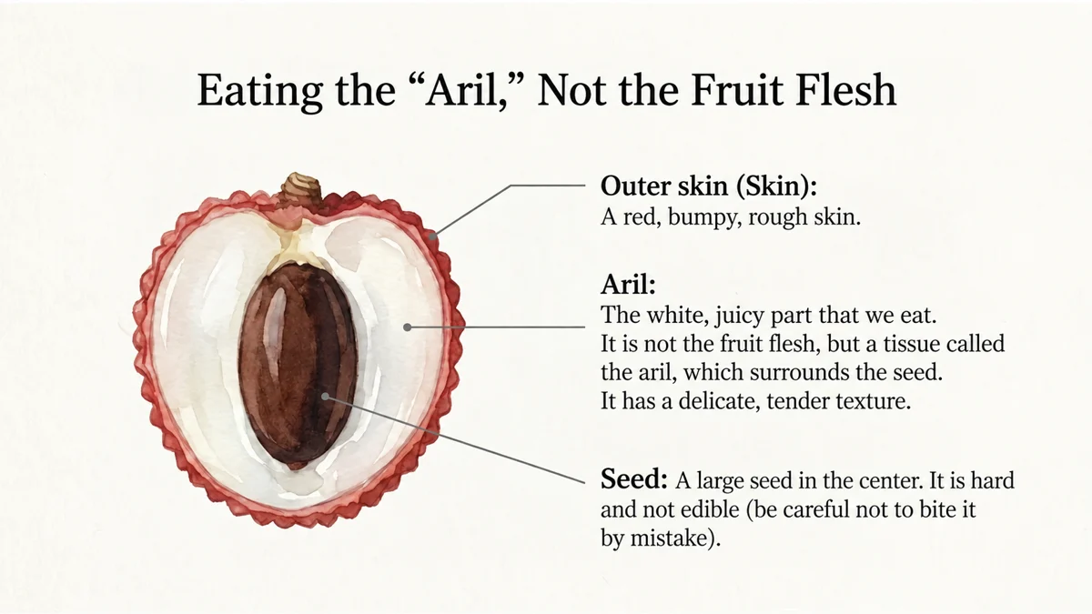 The white aril surrounds the seed. The rind and hard seed are separate, inedible parts.