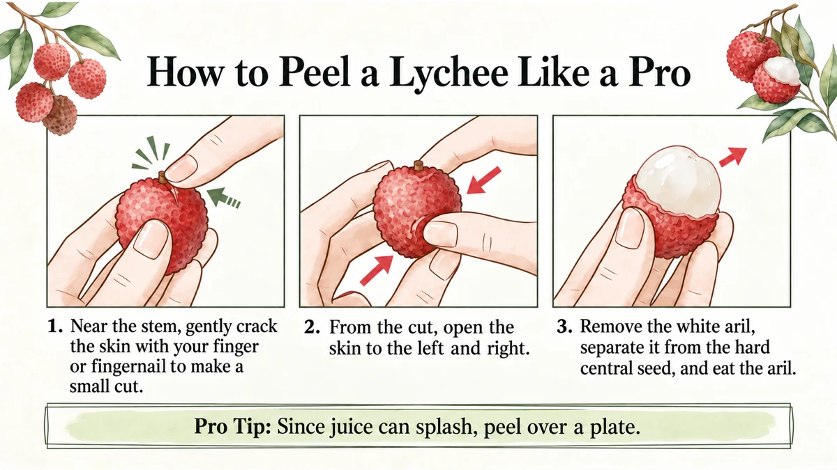 Split near the stalk, open the rind, remove the aril and avoid the hard central seed. Peel over a plate.