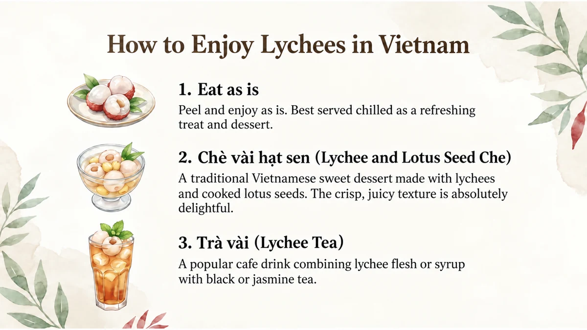 Enjoy fresh lychee, lychee and lotus seed chè, or lychee tea. Remove seeds before preparing dishes.