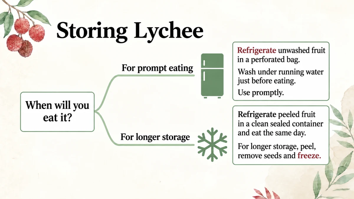 Refrigerate unwashed fruit in ventilated packaging; wash before eating. Refrigerate peeled fruit and eat the same day, or freeze deseeded arils.