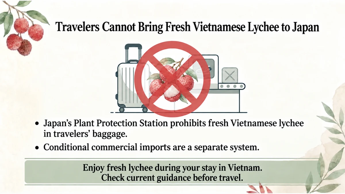 Japan’s traveler guidance prohibits fresh Vietnamese lychee in baggage. Conditional commercial imports operate under a separate system.