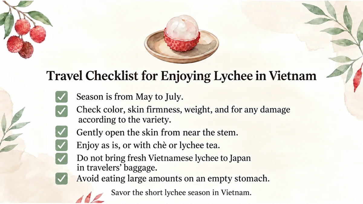 Travel checklist: season, freshness, peeling, local dishes, Japanese baggage restrictions and sensible portions.