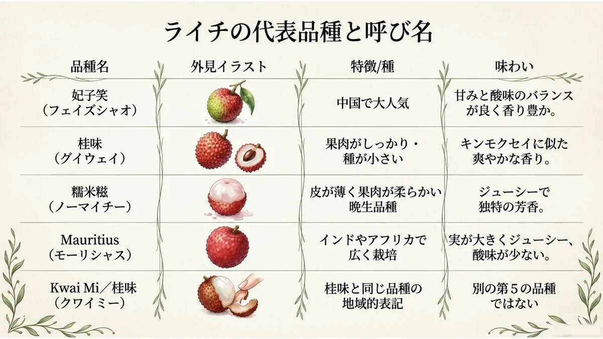 代表的なライチ品種と呼び名。Kwai Miは桂味の別表記