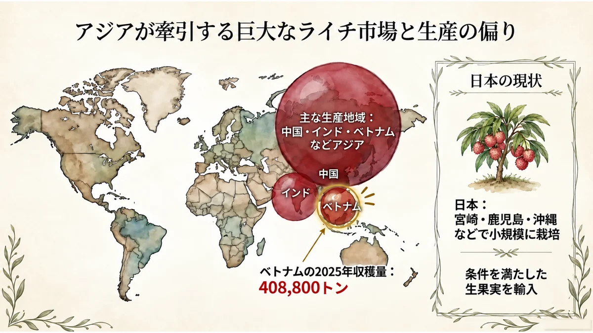 アジアの主要産地とベトナムの2025年収穫量408,800トン、日本での小規模栽培