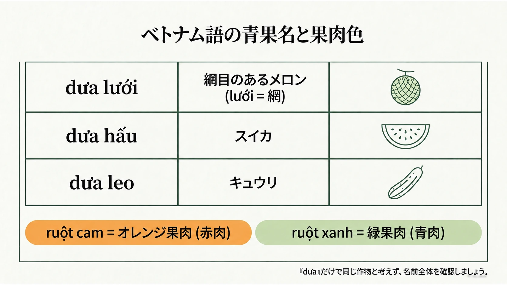 メロン・スイカ・キュウリのベトナム語名と、メロンの果肉色の表示