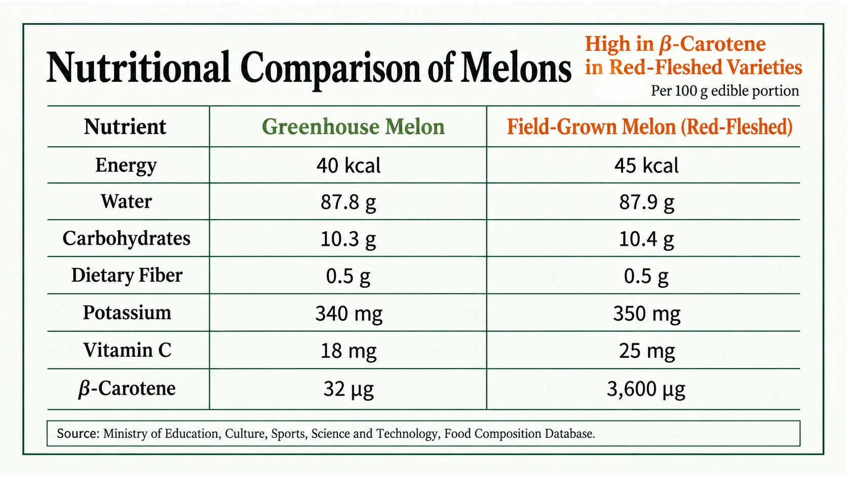 Nutrient comparison for two Japanese food-composition entries, per 100 grams of raw edible melon