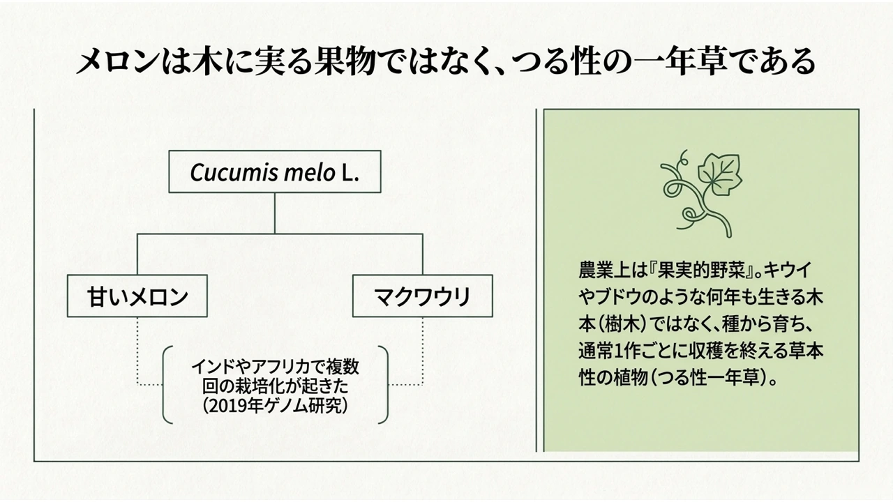 メロンはウリ科キュウリ属のつる性一年草で、マクワウリも同じ種に含まれる