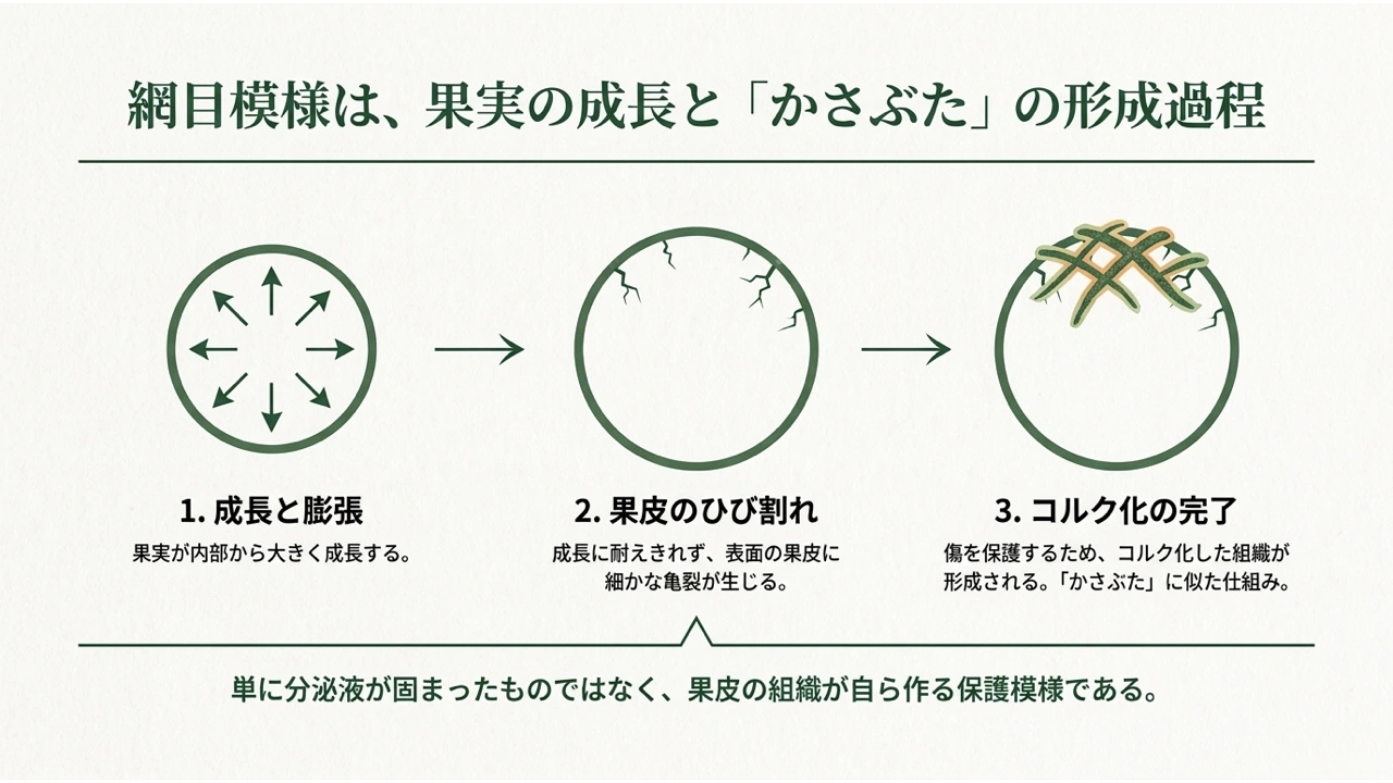果実の成長、果皮のひび割れ、コルク化した組織の形成でメロンの網目ができる過程