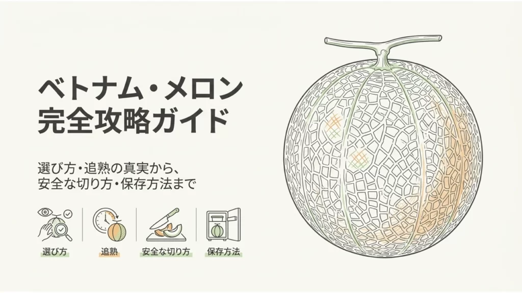 メロンの選び方・追熟・切り方・保存を紹介する導入図