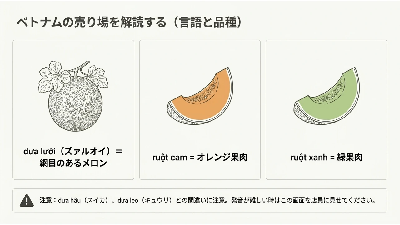 メロン・スイカ・キュウリのベトナム語名と、オレンジ・緑の果肉表示