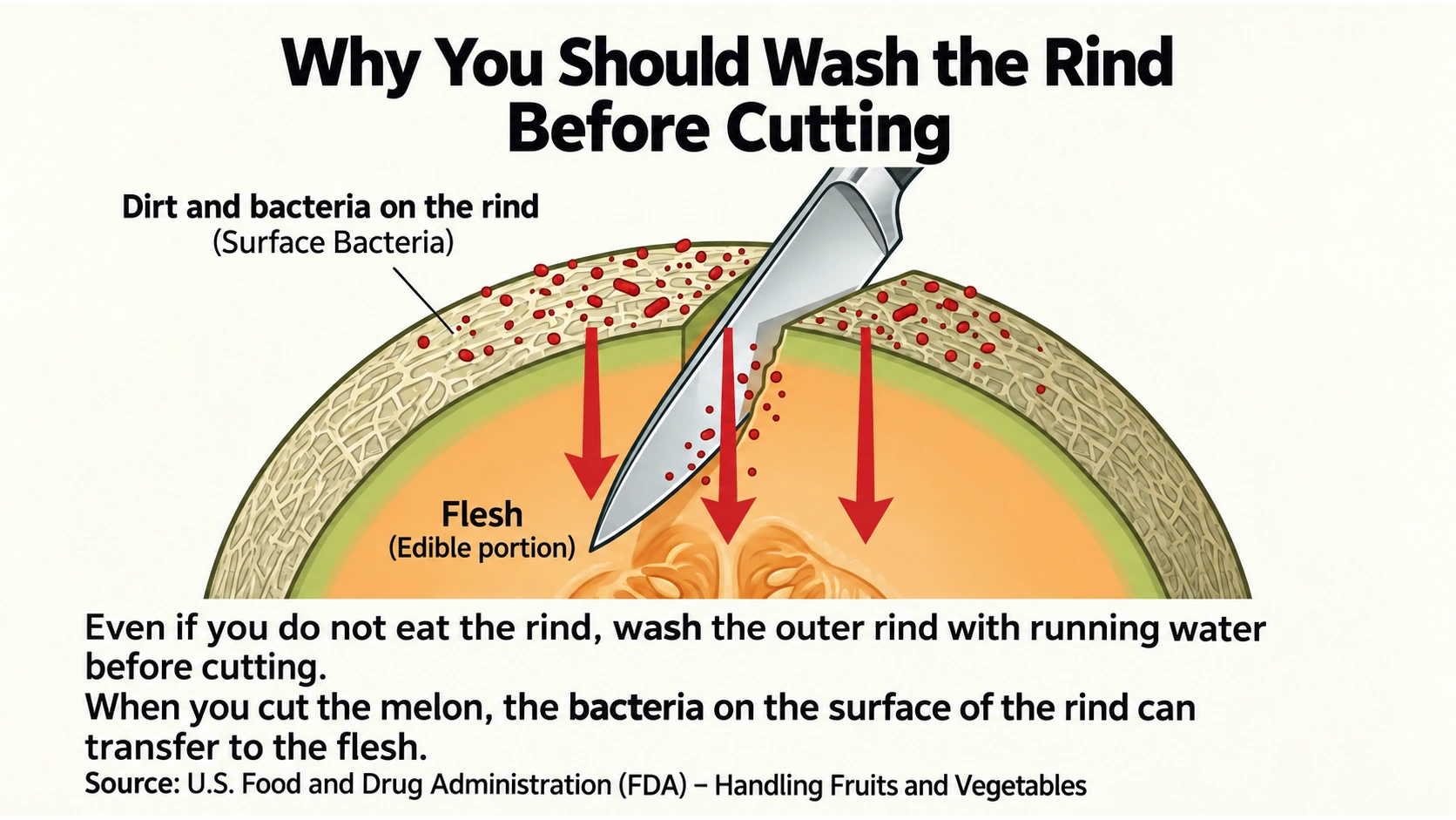 A knife can carry contamination from the rind to the flesh while cutting