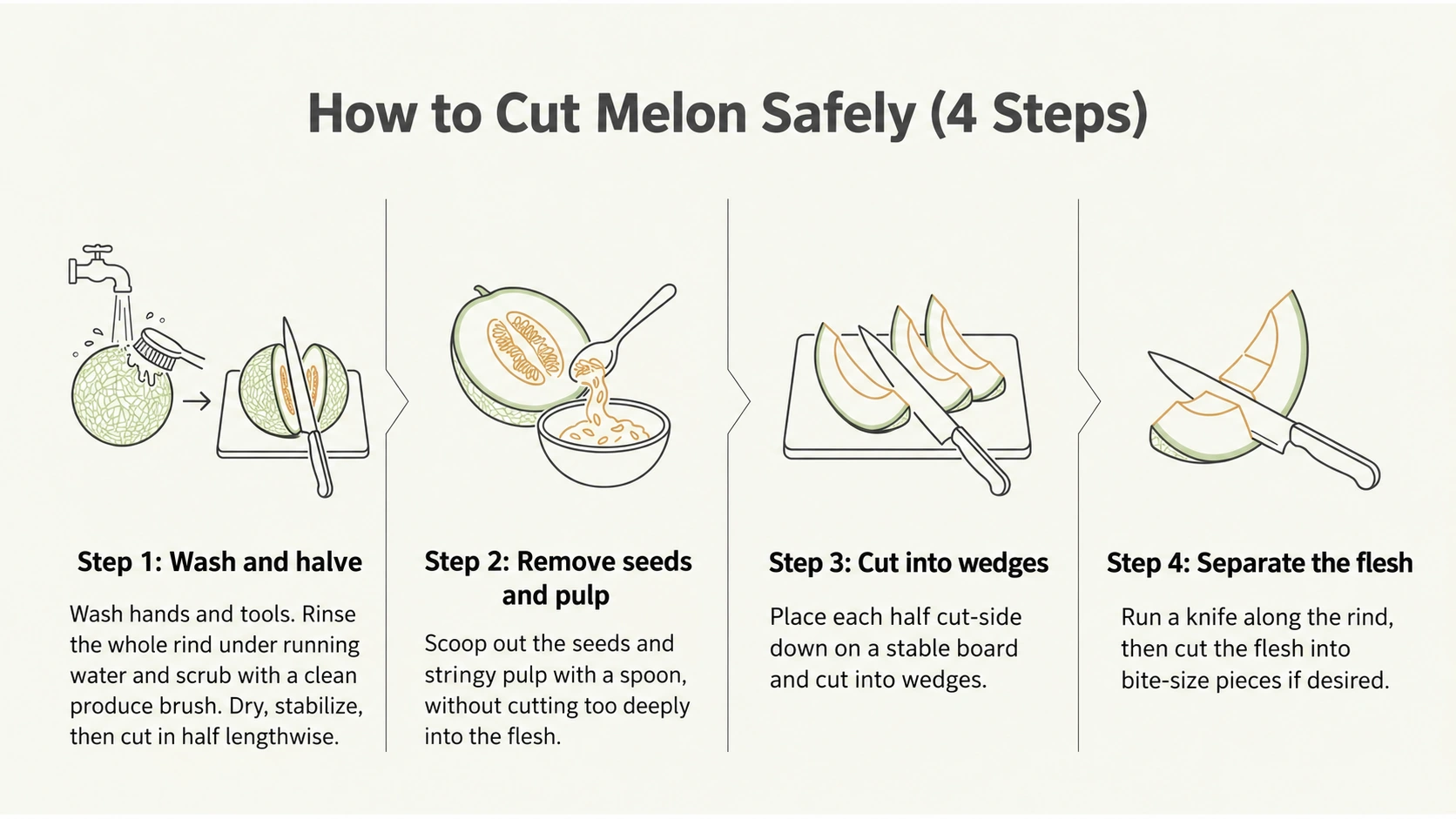 Wash and halve the melon, remove seeds, cut wedges and separate the flesh from the rind