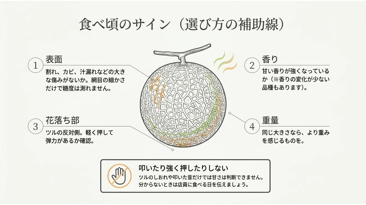 メロンの傷み、香り、花落ち部の弾力、重さを確認する選び方の目安