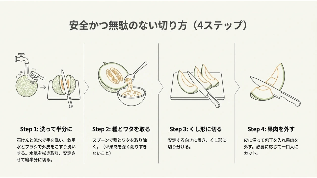 メロンを洗って半分に切り、種とワタを取り、くし形にして皮を外す手順
