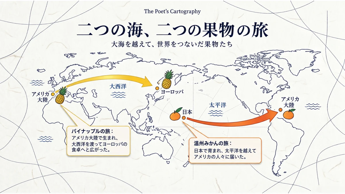 二つの海、二つの果物の旅。パイナップルはアメリカ大陸から大西洋を渡ってヨーロッパへ、温州みかんは日本から太平洋を渡ってアメリカへ。