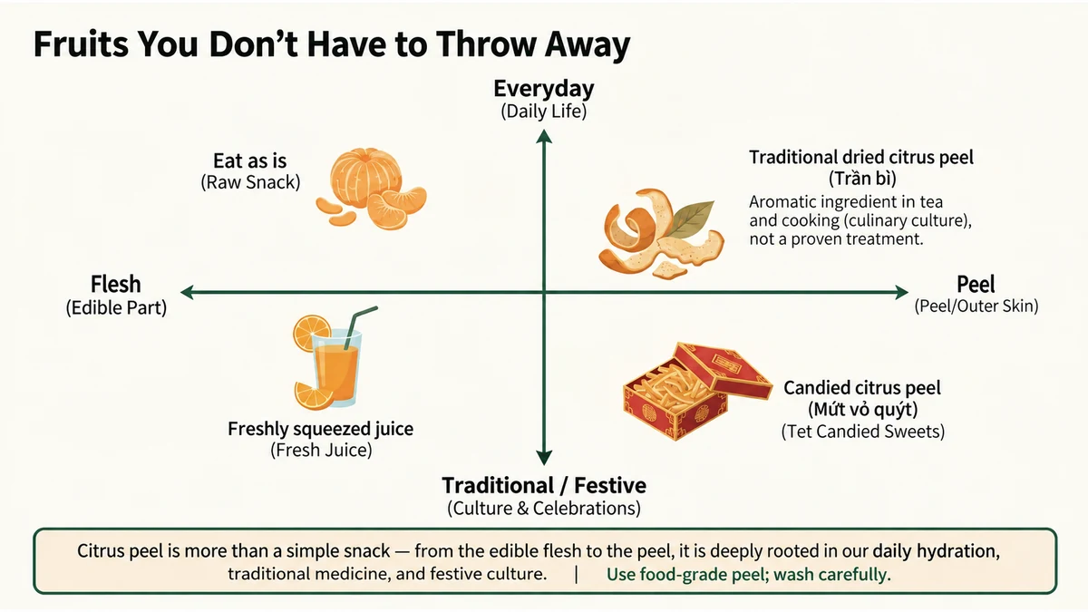 Flesh and food-grade peel have different culinary uses; traditional use is not proof of medical benefit.