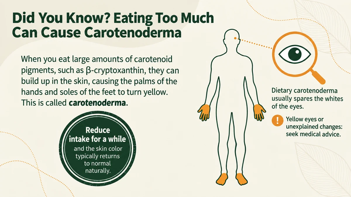 Dietary carotenoids can affect skin color, but unexplained yellowing should be assessed.