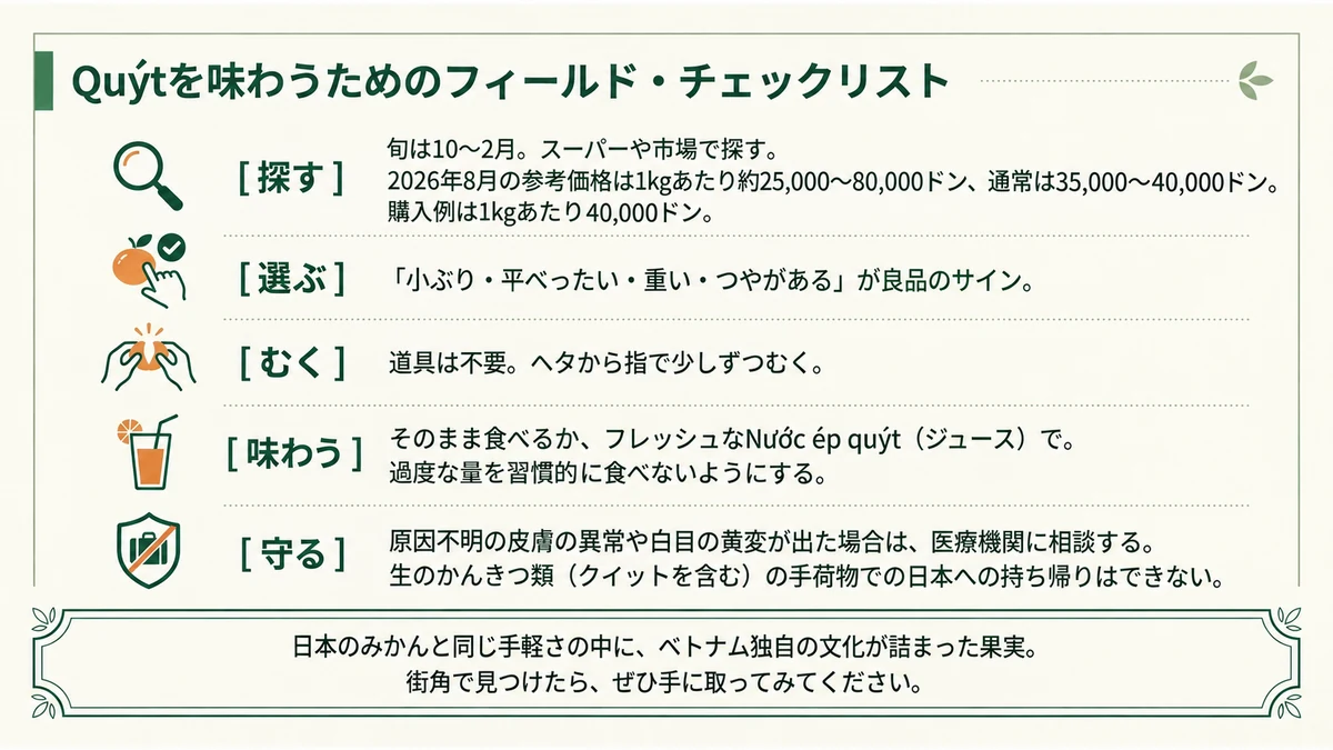 Quýtを味わうためのフィールド・チェックリスト。日本のミカンと同じ手軽さの中に、ベトナム独自の文化が詰まっている。