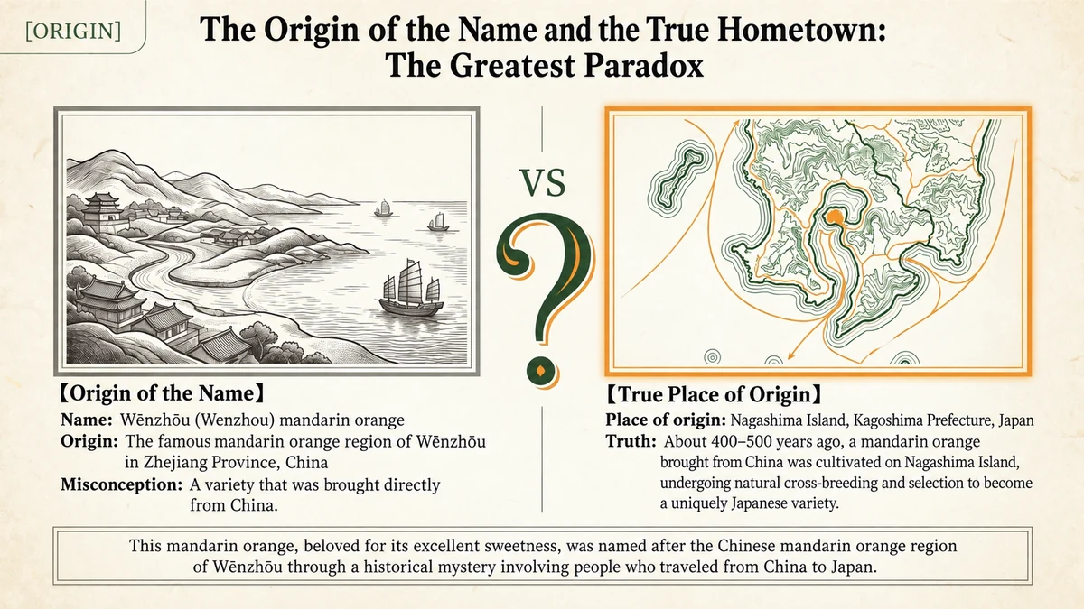 Wenzhou supplied the name; Nagashima in Japan is the proposed birthplace. The exact naming story remains an explanation rather than a securely documented event.