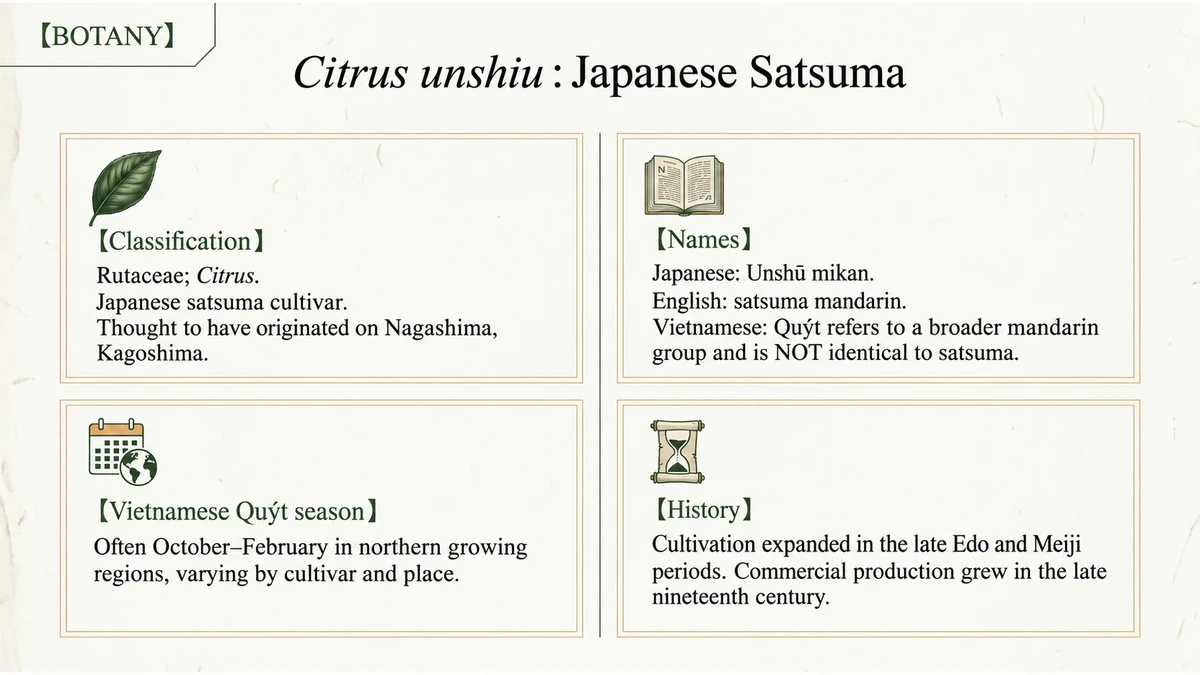 Botanical facts: distinguish Japanese satsuma from Vietnamese mandarins.