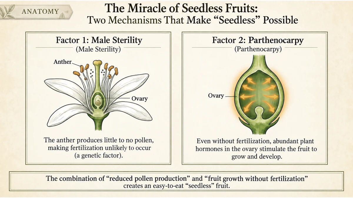 Two complementary traits: reduced pollen production and fruit development without fertilization.
