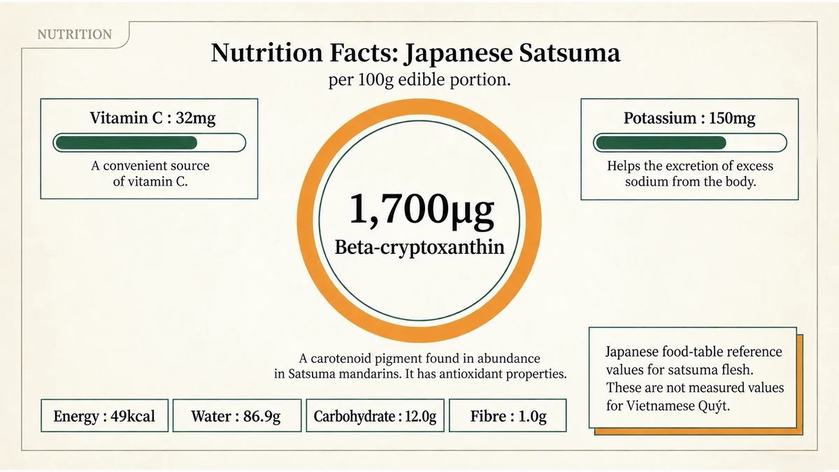Reference nutrition per 100 g of raw Japanese satsuma; Vietnamese cultivars may differ.