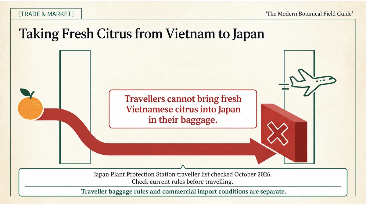 Fresh citrus from Vietnam cannot be carried into Japan in travelers’ baggage; check official guidance before travel.