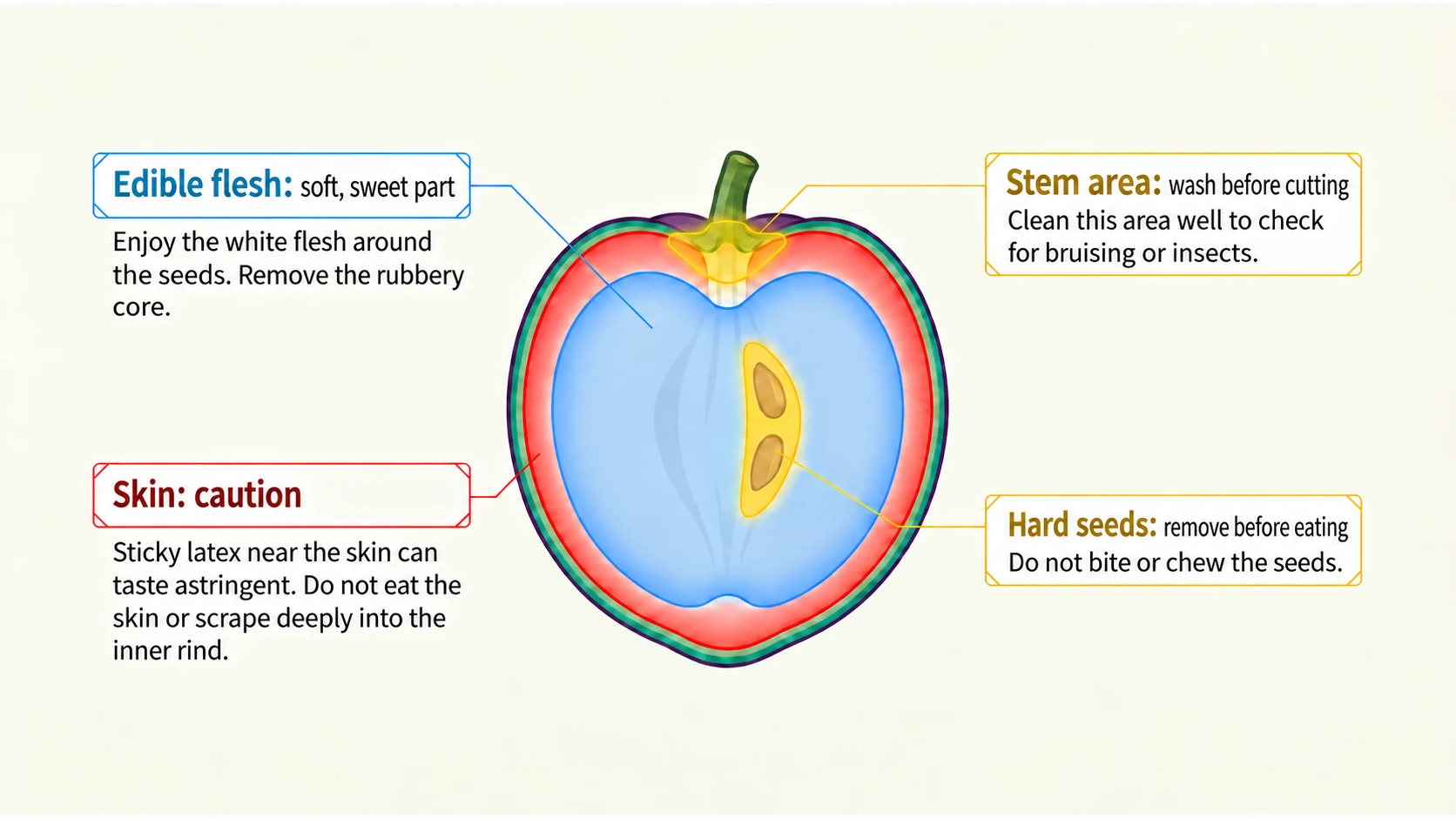 Edible flesh, skin and hard seeds