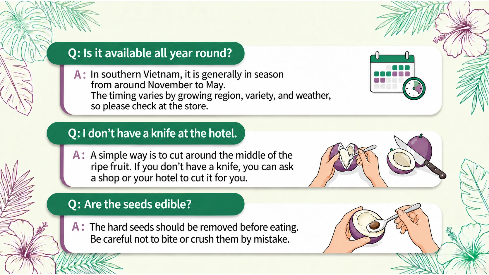 Frequently asked questions about availability, knives and seeds
