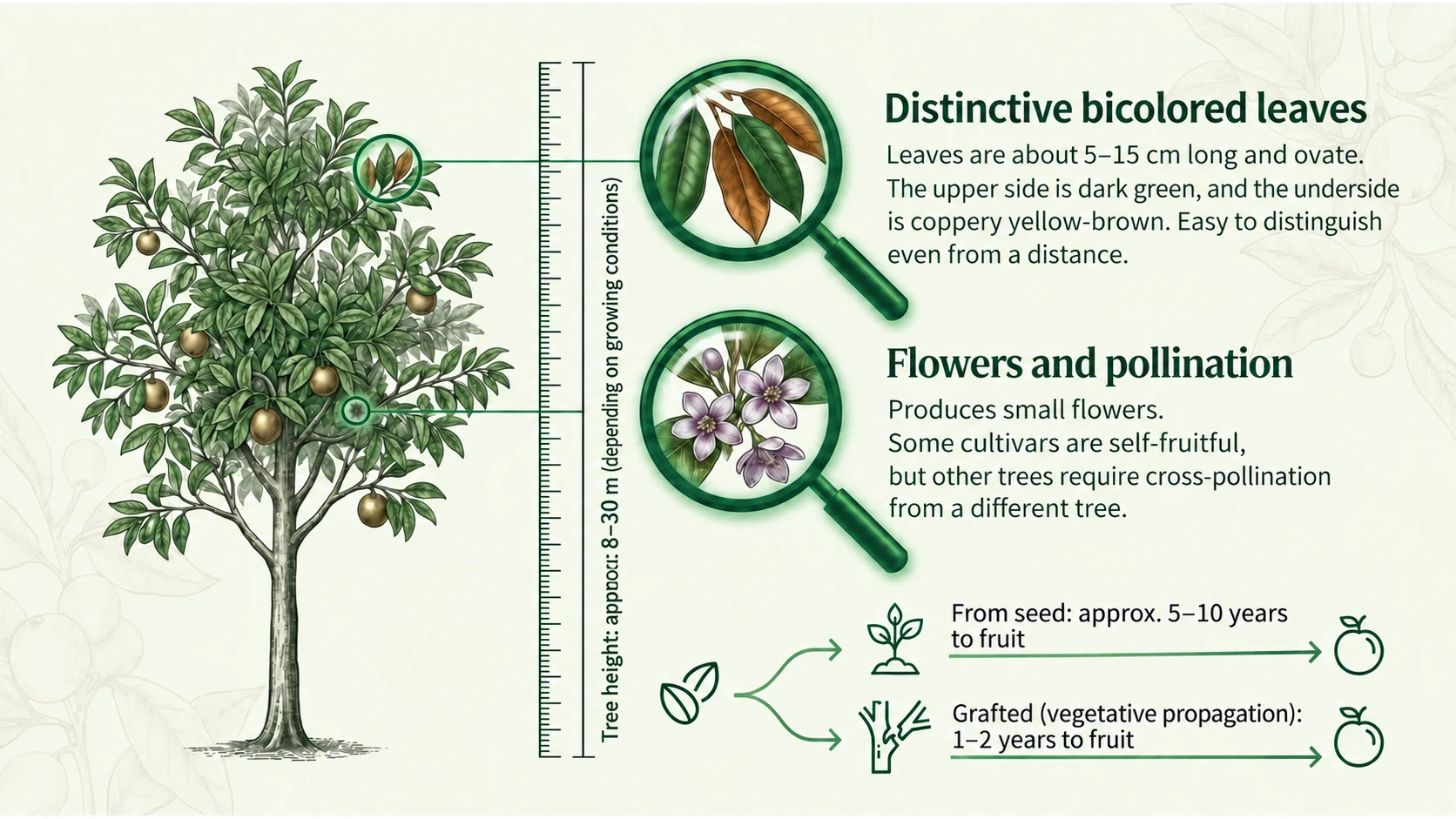 The tree, leaves, flowers and pollination