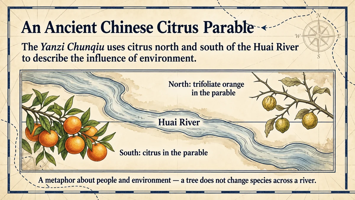 An ancient Chinese parable uses citrus on either side of the Huai River as a metaphor for environment.