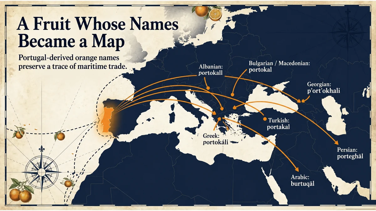 Orange names derived from Portugal preserve a linguistic trace of maritime trade.