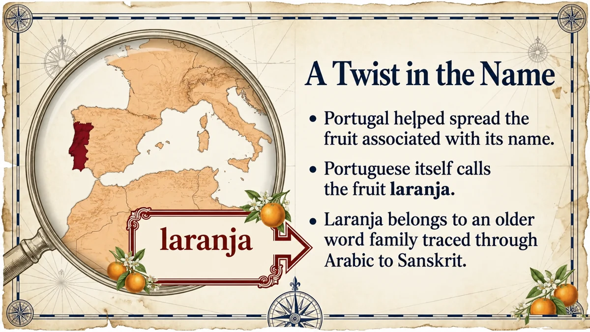 A naming twist: Portuguese uses laranja, while several other languages use a Portugal-derived word.