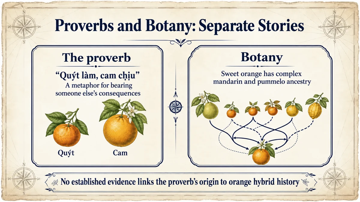The proverb’s uncertain origin is separate from orange hybrid ancestry.