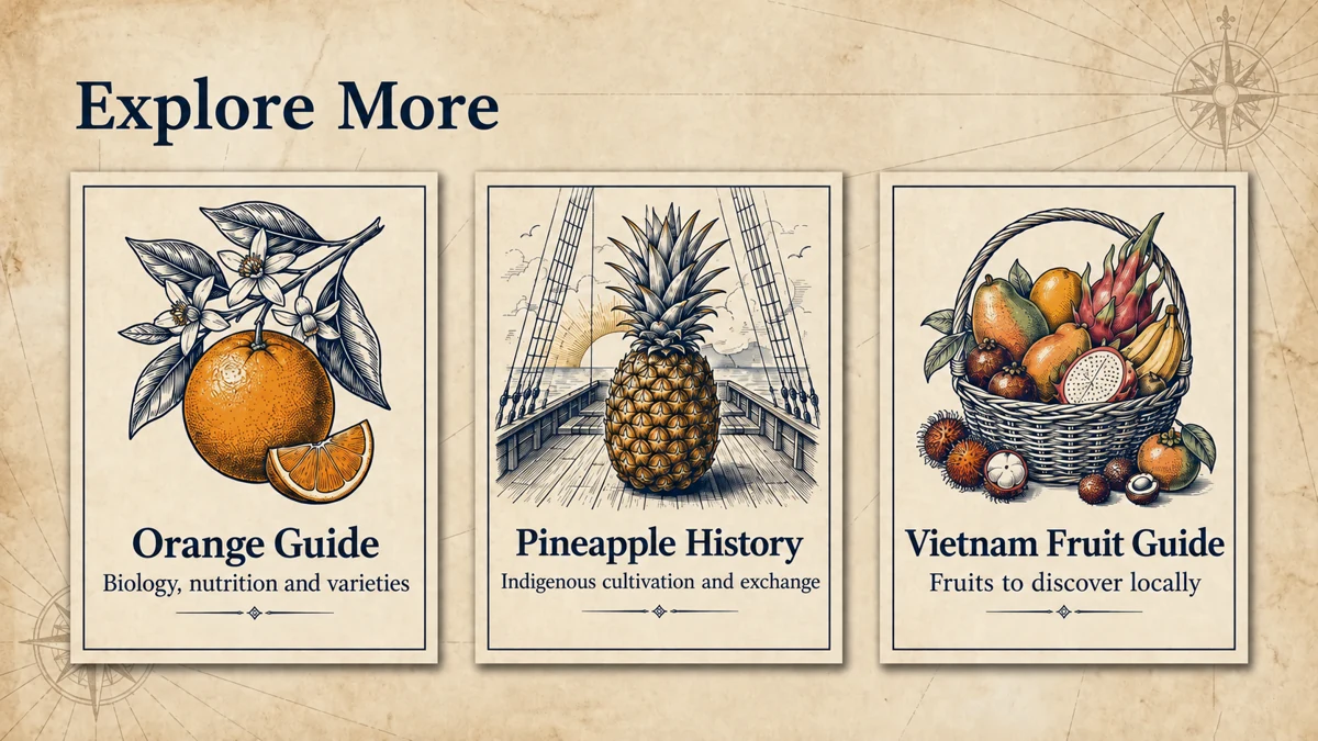 Related reading on oranges, pineapple history and Vietnamese fruits.