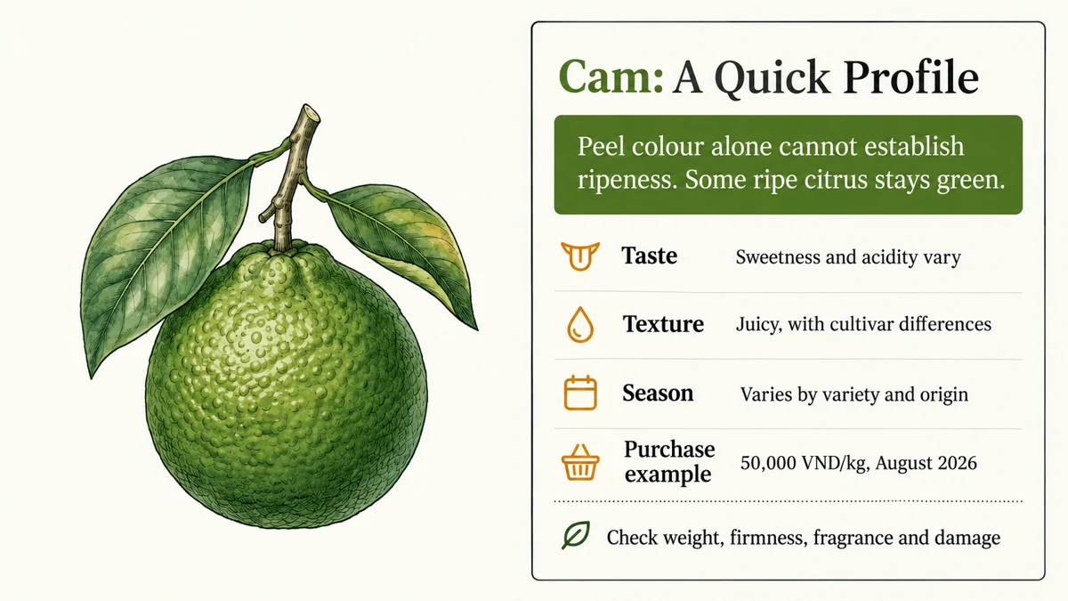 Cam varies by variety and origin. Check weight, firmness, fragrance and damage as well as colour.