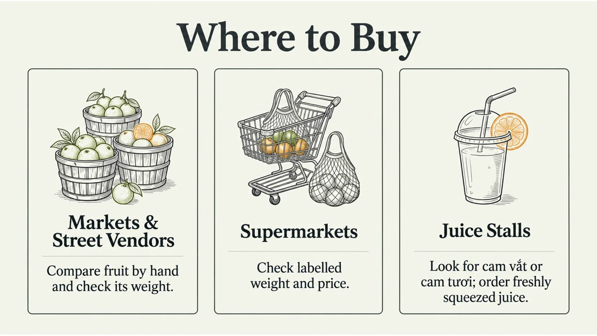 Where to buy: markets for hands-on choosing, supermarkets for labelled prices, and stalls for fresh juice.