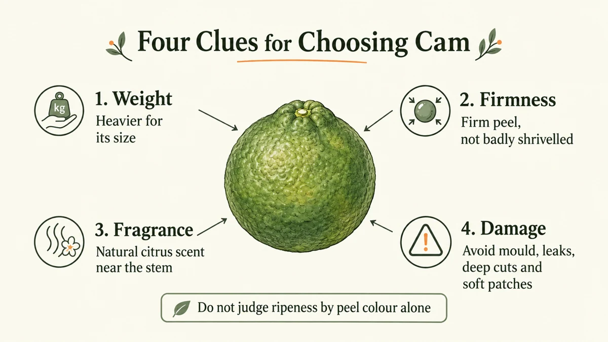 Check weight, firmness and fragrance; avoid mould, leaks, deep cuts and pronounced softness.