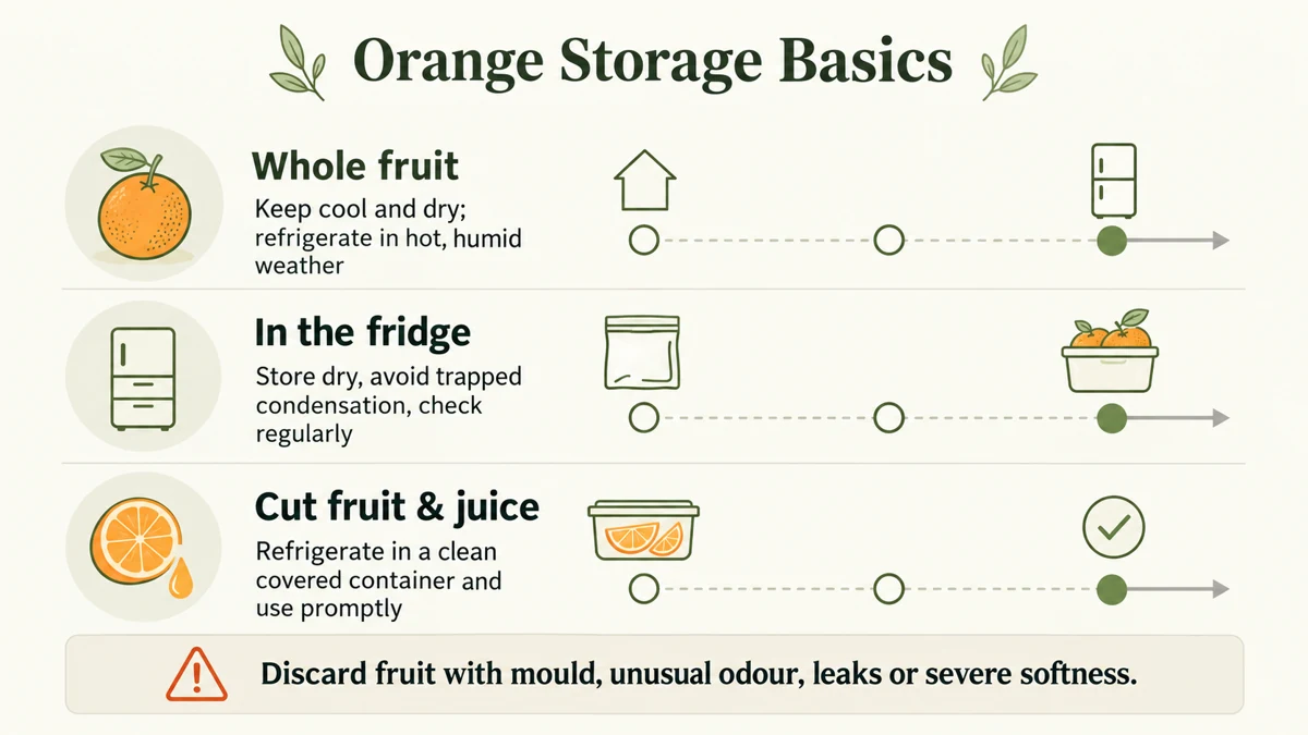 Keep whole fruit cool and dry; refrigerate in hot, humid weather. Cover cut fruit and juice, refrigerate and use promptly.