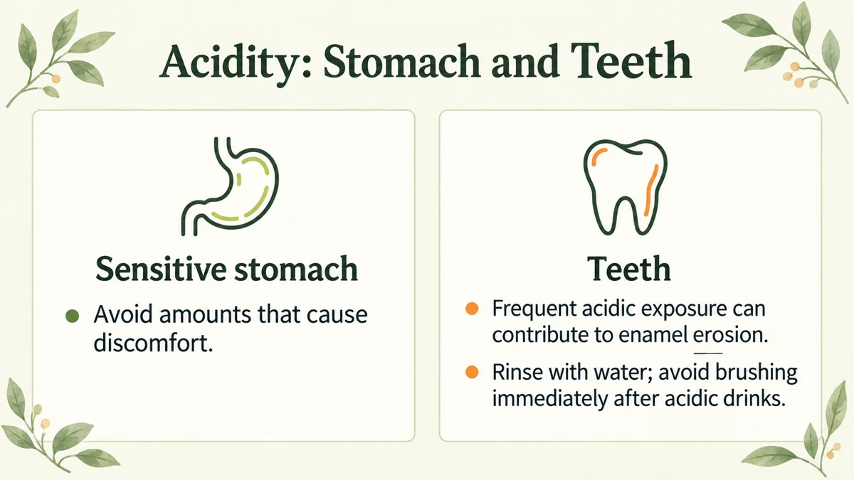 Acidity can affect sensitive stomachs and teeth: limit troublesome amounts, rinse with water and avoid immediate brushing.