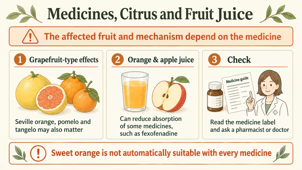The fruit and mechanism vary by medicine. Sweet orange is not automatically suitable with every medicine.