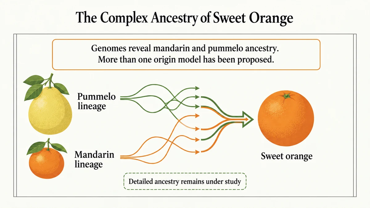 Sweet orange arose through a complex history involving mandarin and pummelo lineages.