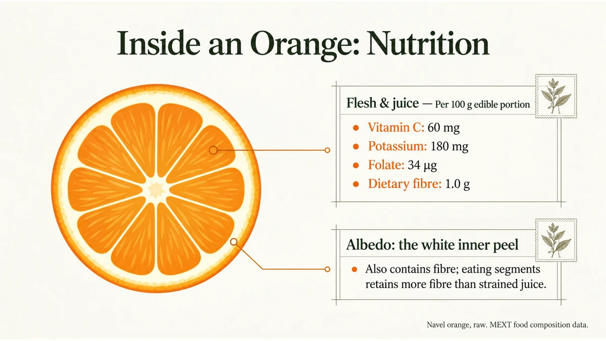 An orange anatomy diagram: flesh, juice and the white inner peel, or albedo.