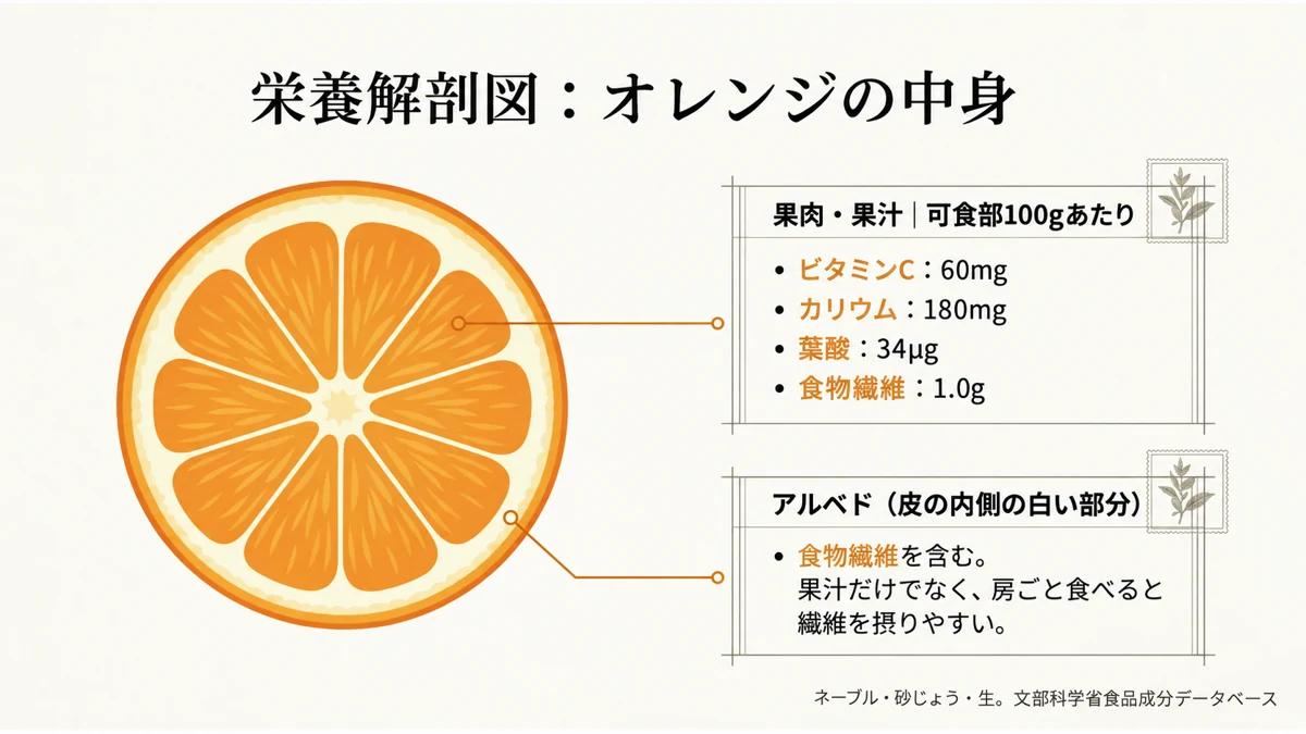オレンジの断面図に、果肉・果汁のビタミンC・カリウム・葉酸と、皮の内側の白い筋(アルベド)に含まれる食物繊維を吹き出しで示した「栄養解剖図」