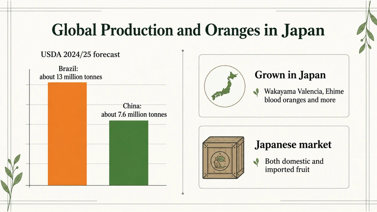 Major producing countries and Japan’s domestic and imported oranges. Figures are USDA 2024/25 estimates.
