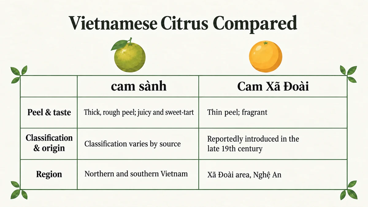 Cam sành and Cam Xã Đoài compared. Sources differ on cam sành’s scientific and horticultural classification.