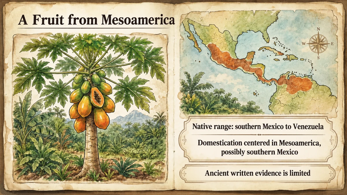 Papaya’s native range is southern Mexico to Venezuela. Domestication centered in Mesoamerica, possibly southern Mexico.