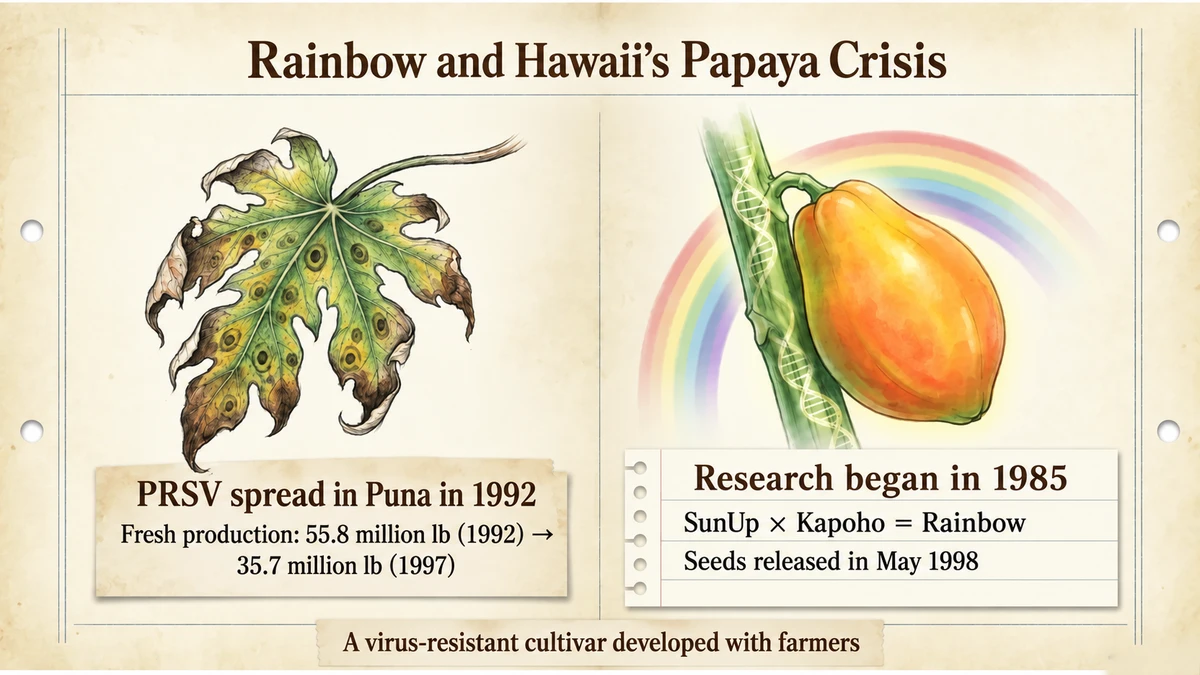 Rainbow came from a SunUp × Kapoho cross; seeds were released in May 1998.