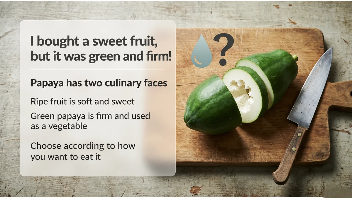 Ripe fruit and green papaya are the same fruit at different stages, with different culinary uses.